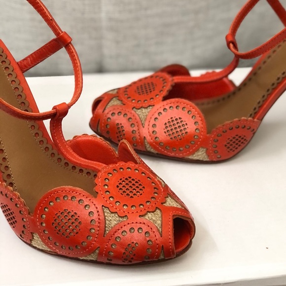 Tory Burch Orange leather and Jute T strap heels - Picture 9 of 11